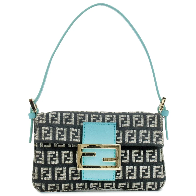 Fendi bags with a detachable mobile phone holder for on - the - go connectivityFENDI Zucchino Canvas Leather Mini Mamma Baguette Bag 8BK005