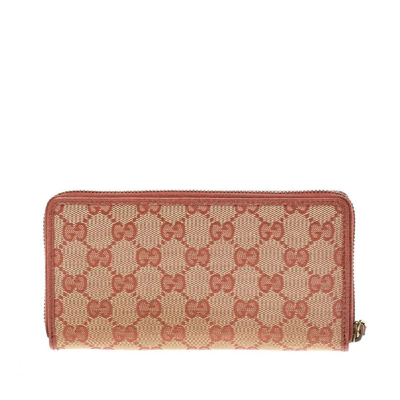 Women Gucci bags with a chain - link trim and a leather bodyGucci 547791 9Y9ET 9573 Yankees Women's Brown Canvas / Leather Trim Zip-around Wallets (GGWW3607)