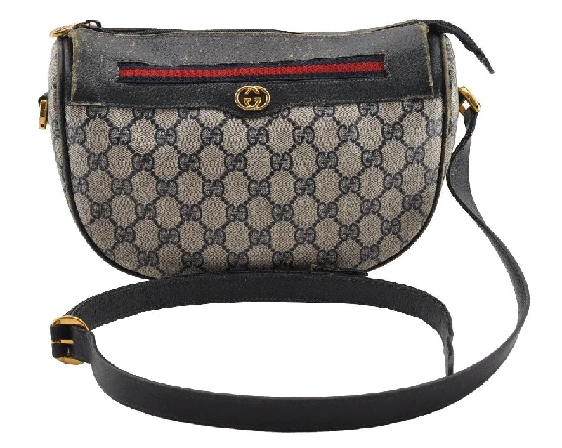 Women Gucci crossbody bags with a keychain holderAuthentic GUCCI Sherry Line Shoulder Bag GG PVC Leather Navy Blue Junk 3782I