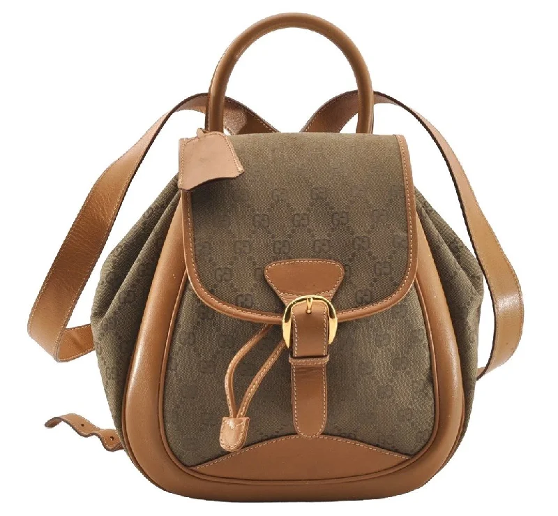 Gucci handbags for women with a back - zip pocketAuthentic GUCCI Drawstring Backpack GG Canvas Leather Brown Junk 3961I