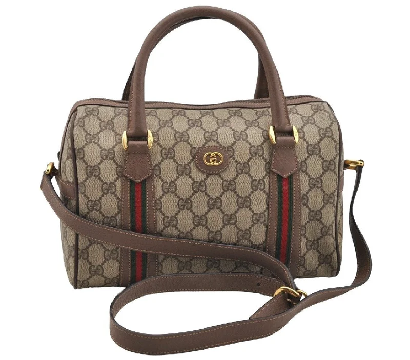 Ladies Gucci shoulder bags with a single - handle designAuth GUCCI Web Sherry Line 2Way Shoulder Bag GG PVC Leather Brown Junk 4155I