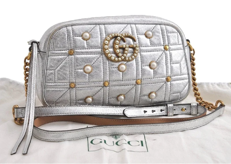 Gucci backpacks for women with a sleek silhouetteAuthentic GUCCI GG Marmont Chain Shoulder Cross Bag Leather 447632 Silver 4151I