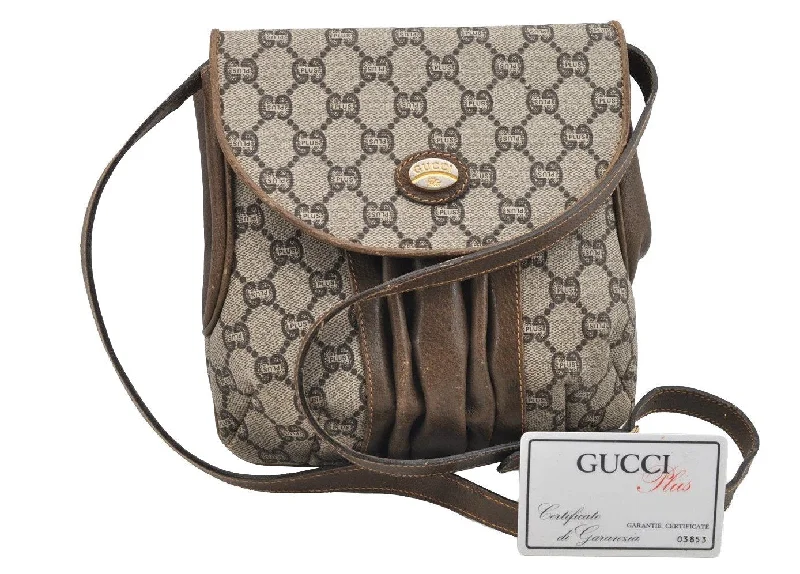 Gucci handbags for women with a patent - leather finishAuthentic GUCCI GG Plus Shoulder Cross Body Bag PVC Leather Brown Junk 3699I