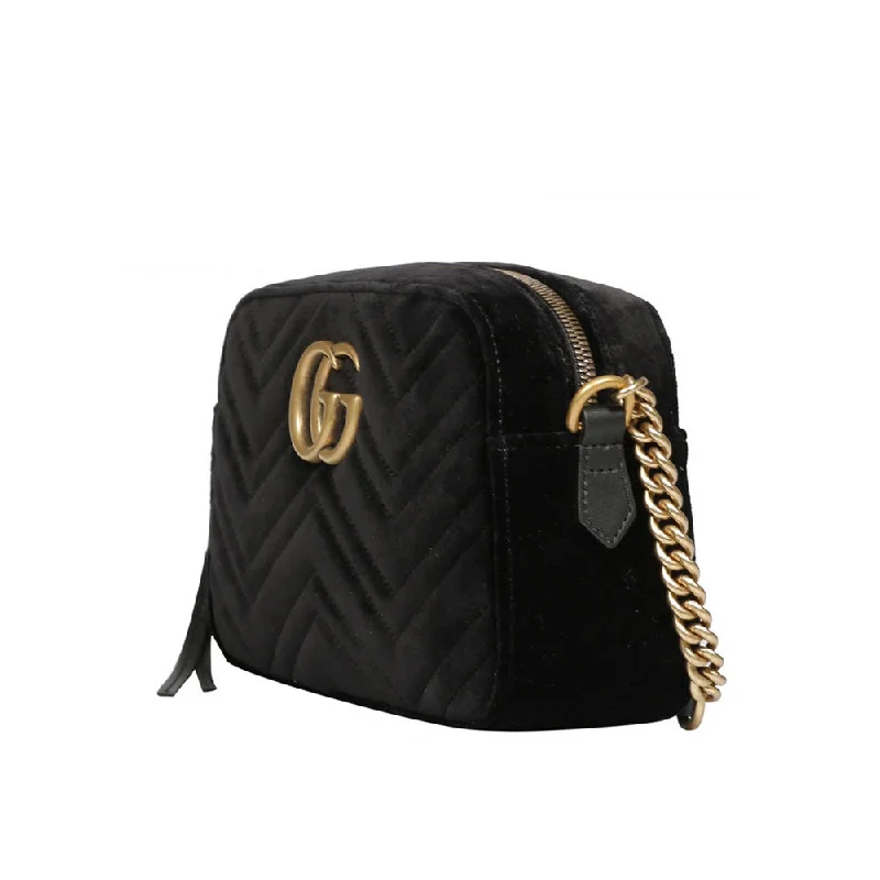 Women Gucci bags with a detachable mobile phone holderGucci GG Marmont 447632 Women's Black Matelassé Velvet Mini Shoulder Bag (GG2079)