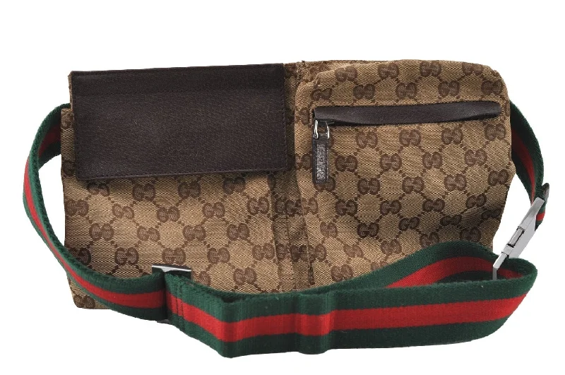 Women Gucci backpacks with a luxurious leather finishAuthentic GUCCI Web Sherry Line Waist Bag GG Canvas Leather 28566 Brown 3541I