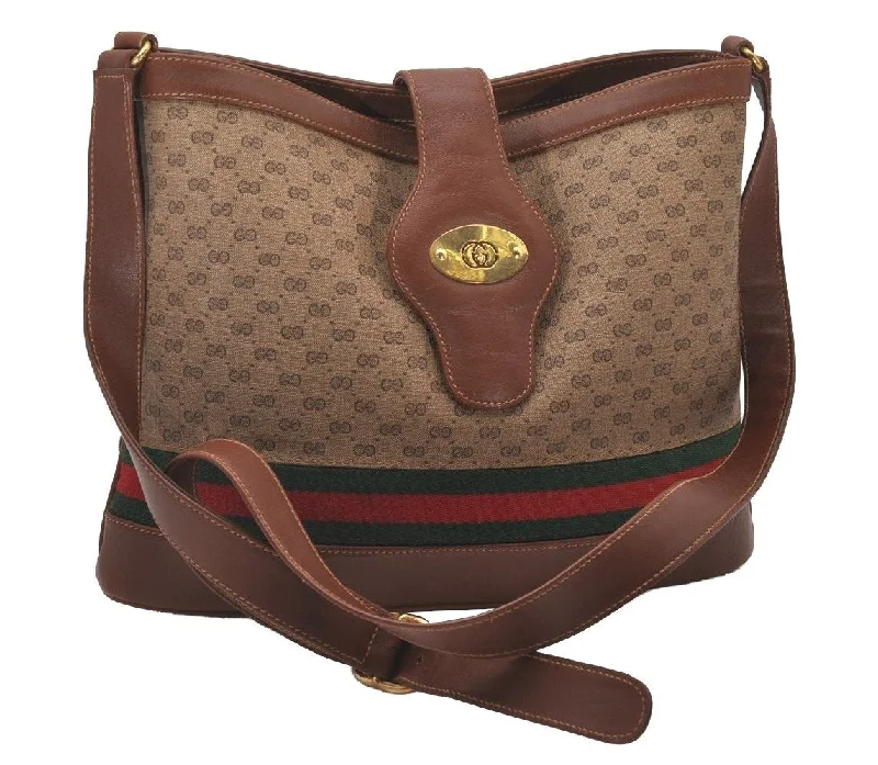 Ladies Gucci shoulder bags with a single - handle designAuth GUCCI Web Sherry Line Micro GG Shoulder Bag PVC Leather Brown Junk 3917I