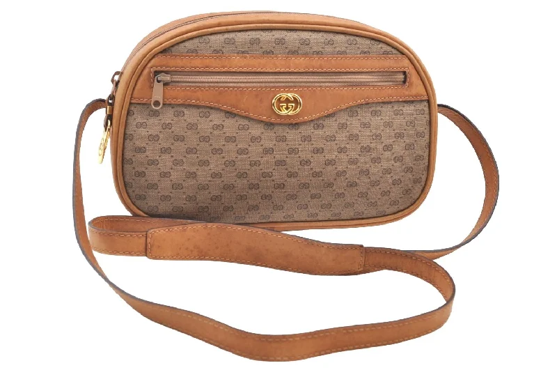 Women Gucci crossbody bags with a printed floral patternAuthentic GUCCI Micro GG PVC Leather Shoulder Cross Body Bag Purse Brown 3932I