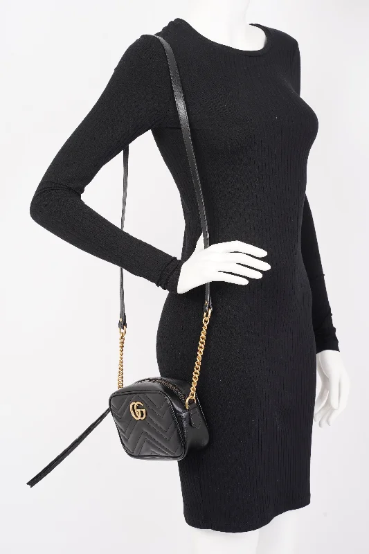 Women Gucci bags with a front - zip pocket for small itemsGucci GG Marmont Matelasse Mini Black Matelasse Leather