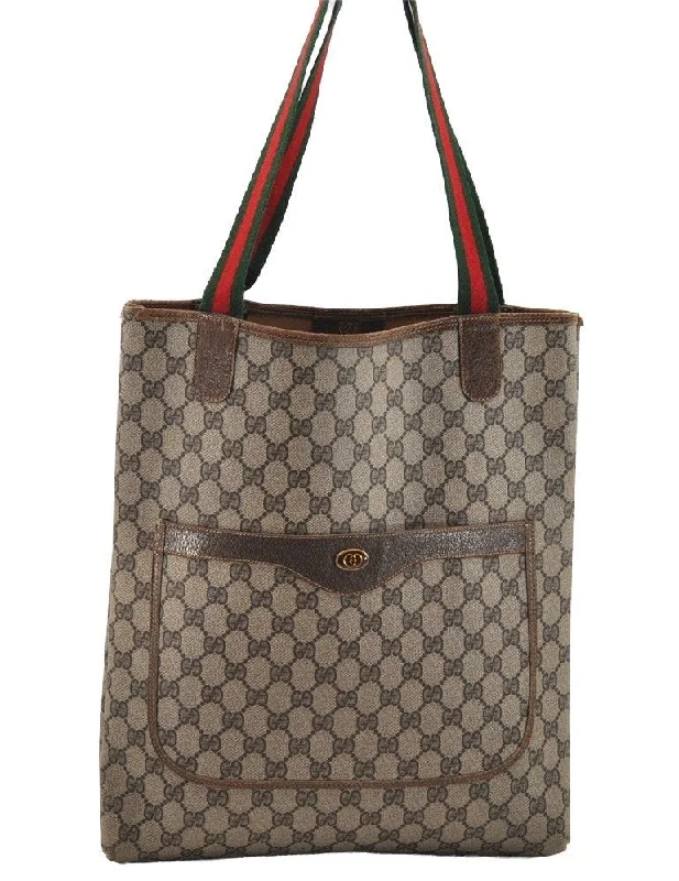 Women Gucci bags with a front - zip pocket for small itemsAuthentic GUCCI Web Sherry Line Shoulder Tote Bag GG PVC Leather Brown 4150I