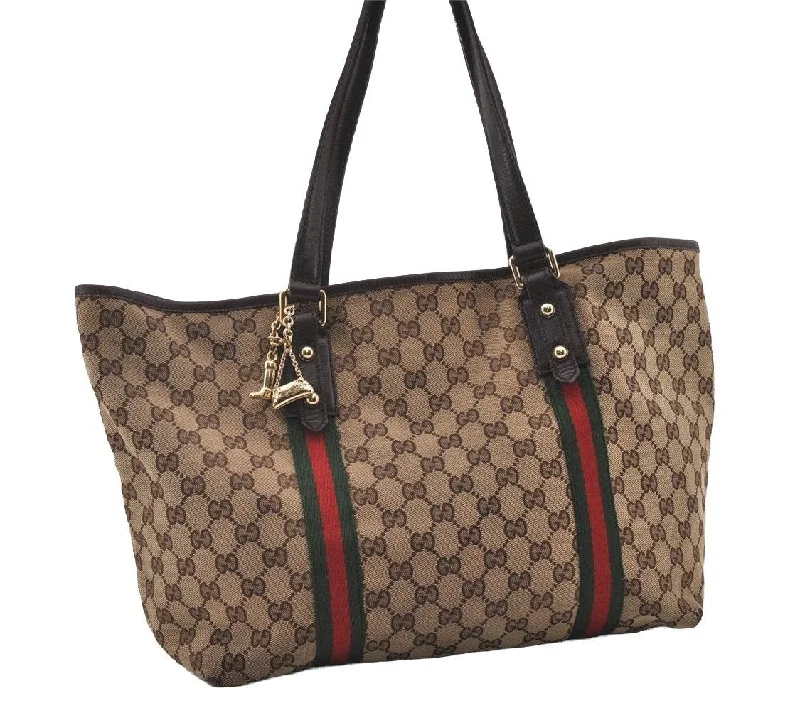 Gucci backpacks for women with a sleek silhouetteAuthentic GUCCI Web Sherry Line Tote Bag GG Canvas Leather 139260 Brown 3200I